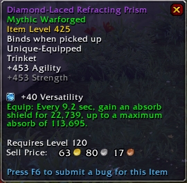 A trinket tooltip in patch 8.2, Tides of Vengeance, demonstrating a scaling buff
